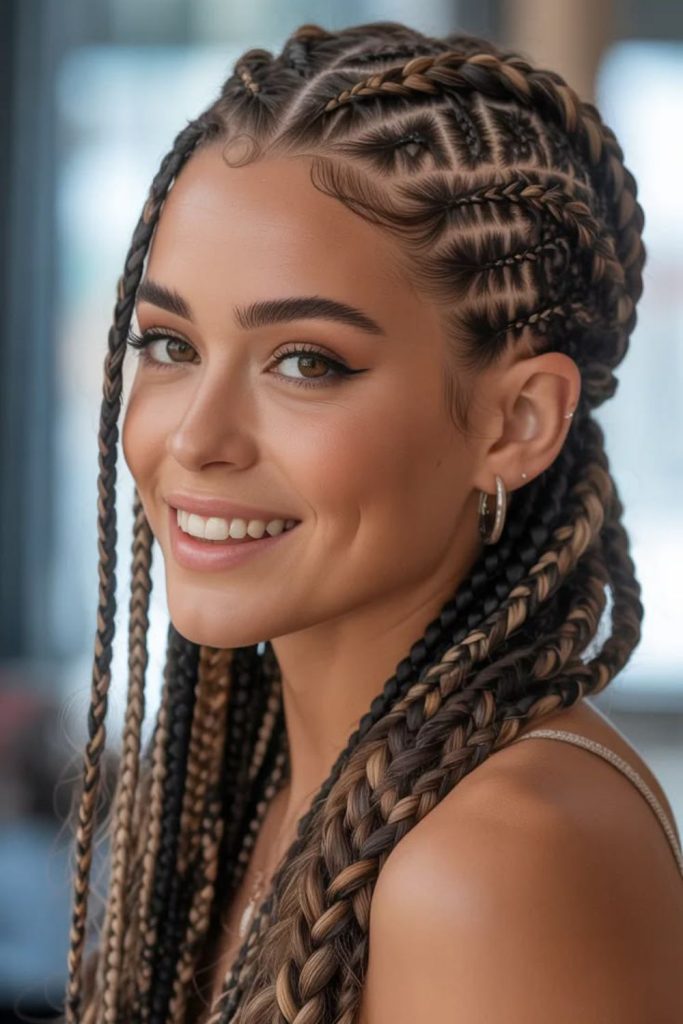 Copper toned Fulani braids with fiery ember glow finish