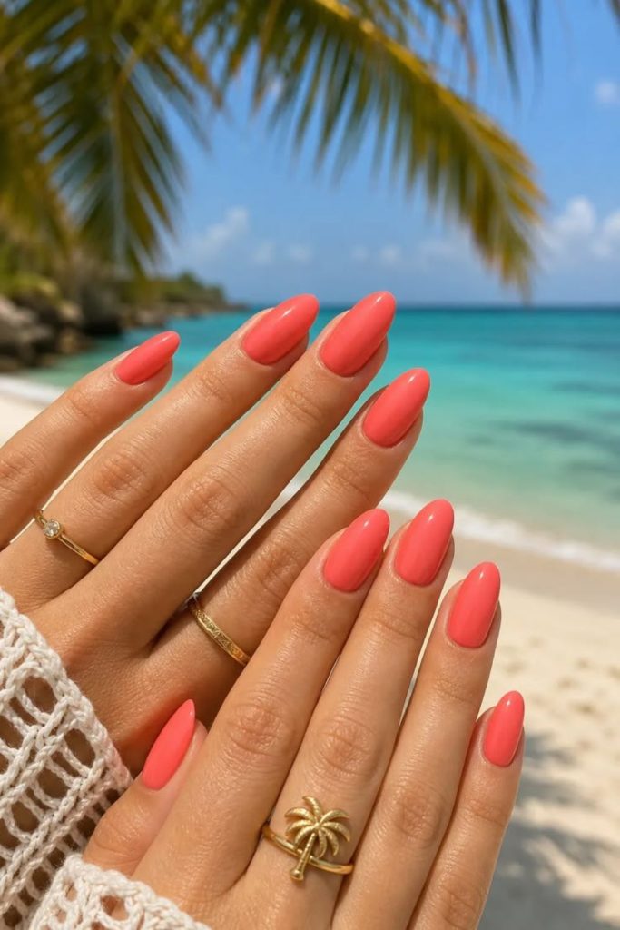 Coral tropical sunset glossy nail look