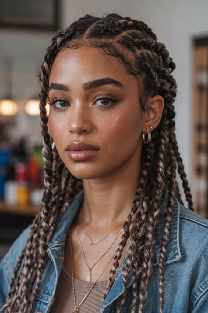 Spiral Fulani braids with cosmic star inspired bead details