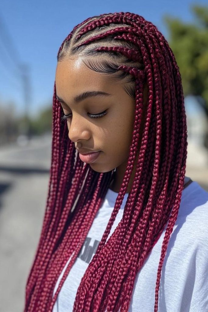Vibrant Fulani braids with crimson spirited cultural energy