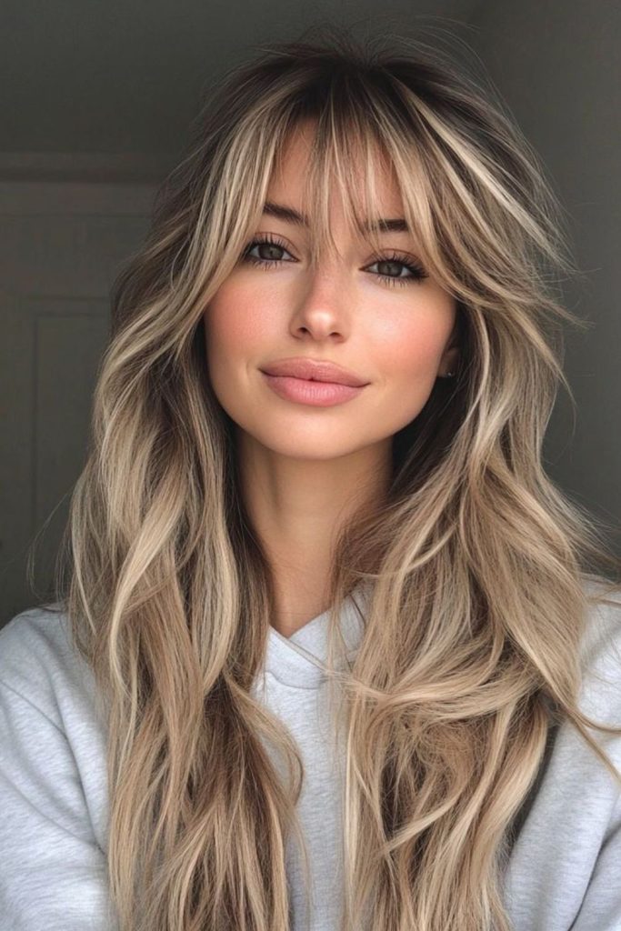 Crystal shiny layers with feathered bangs.