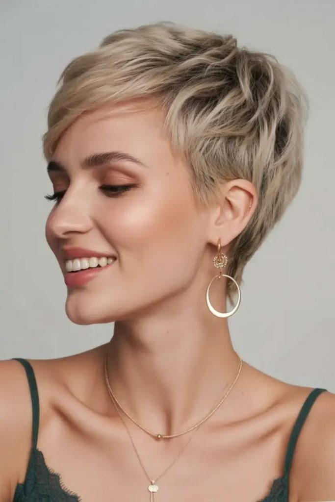 Chic pixie haircut with neat shaping.
