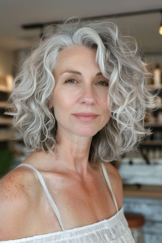 Layered gray curly lob hairstyle.
