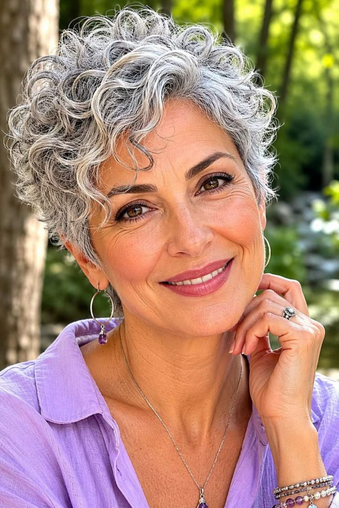 Crystal silver pixie curly haircut.