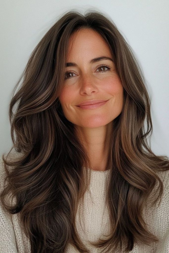 Dark cocoa elegant layered bang style