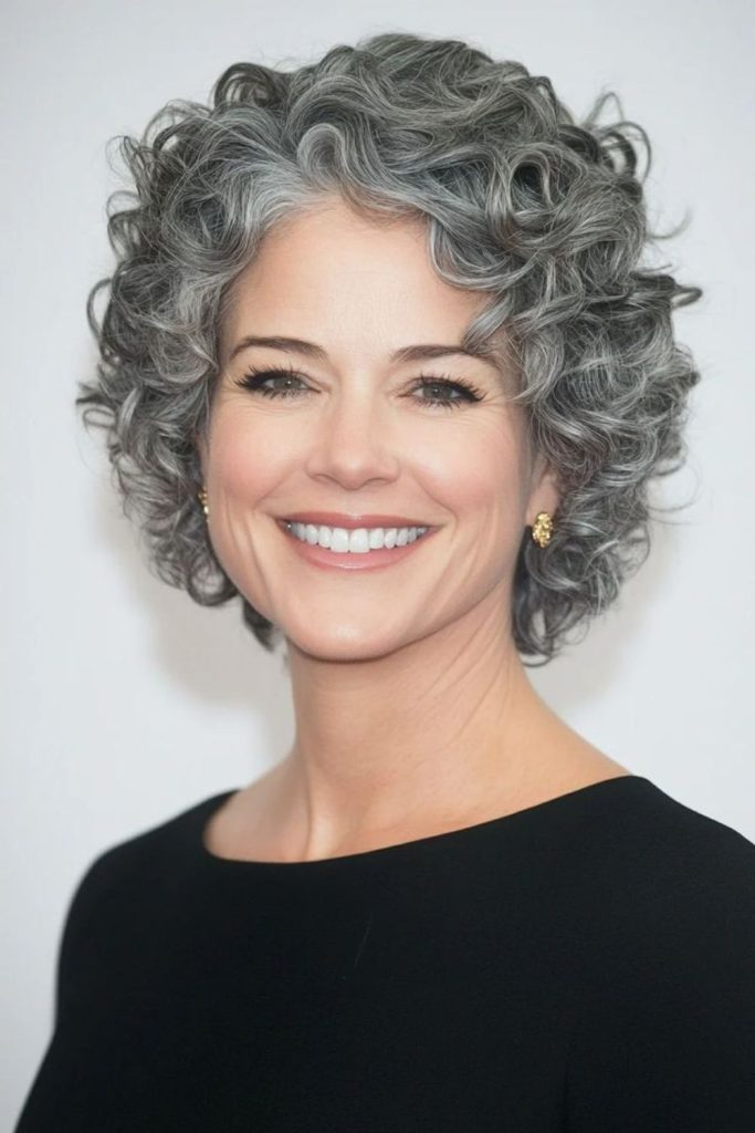Dove gray curly bob hairstyle.