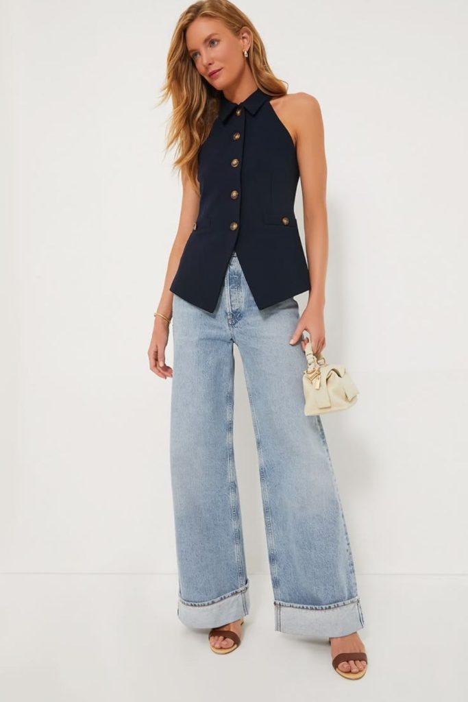 Sleeveless blazer with denim look