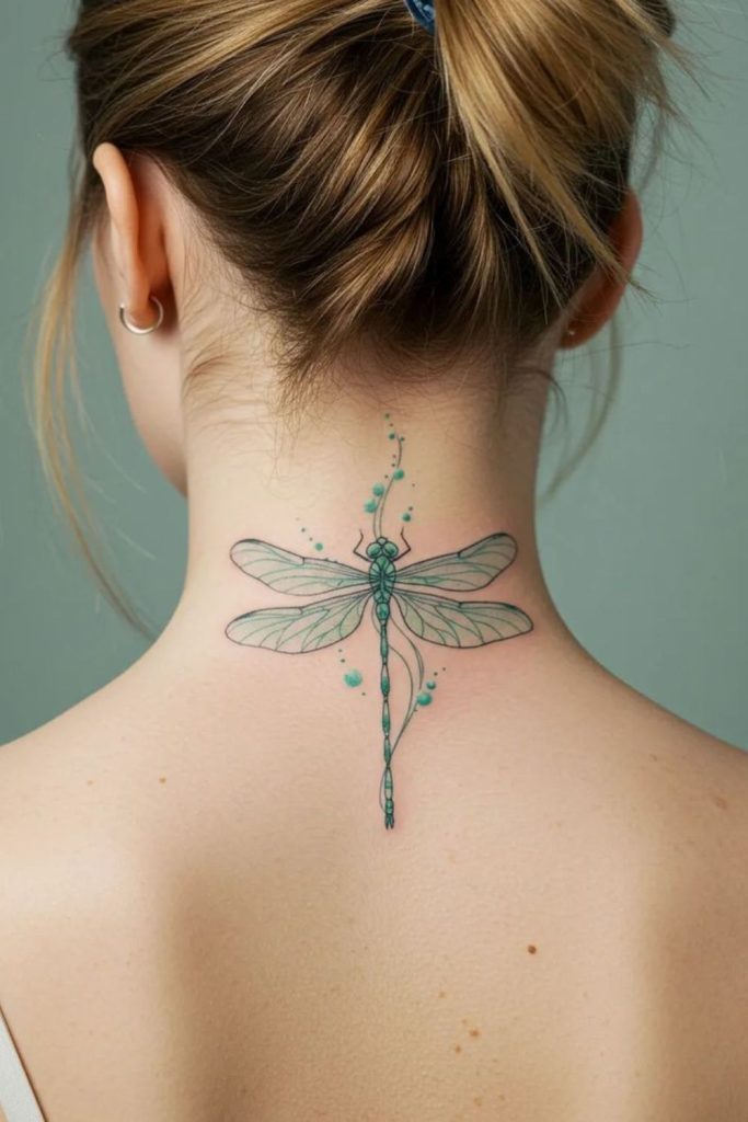 Dragonfly hairline tattoo airy delicate beauty.