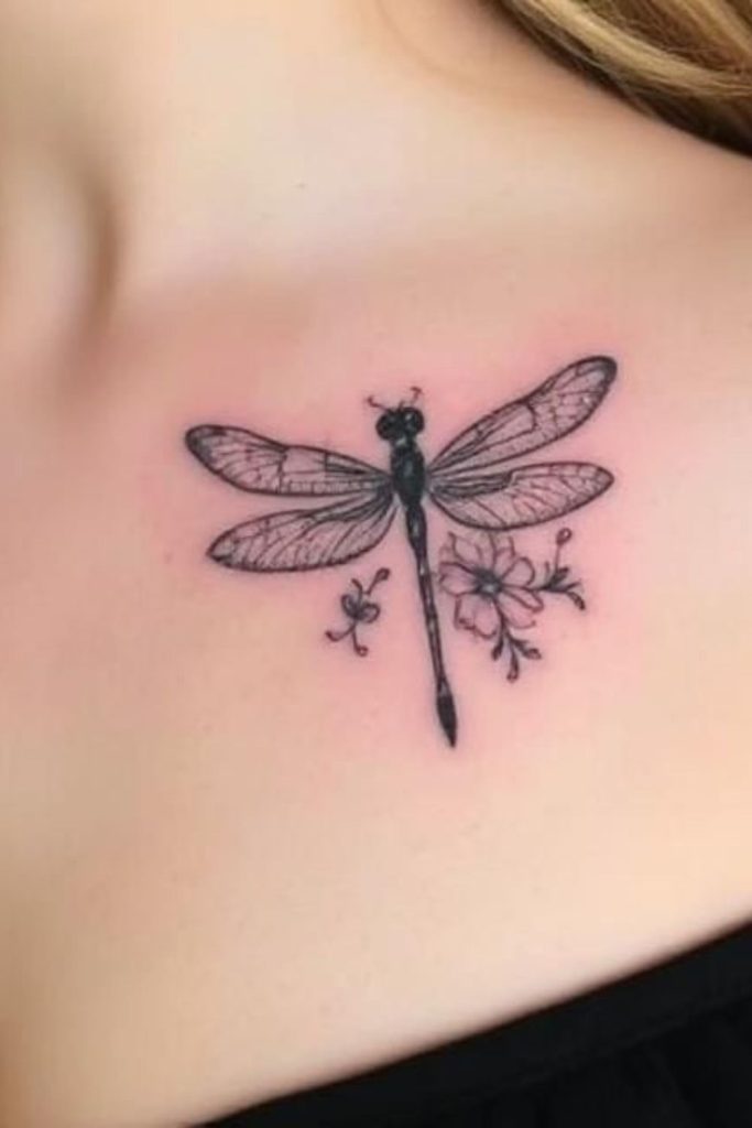 Small dragonfly tattoo with delicate wings.