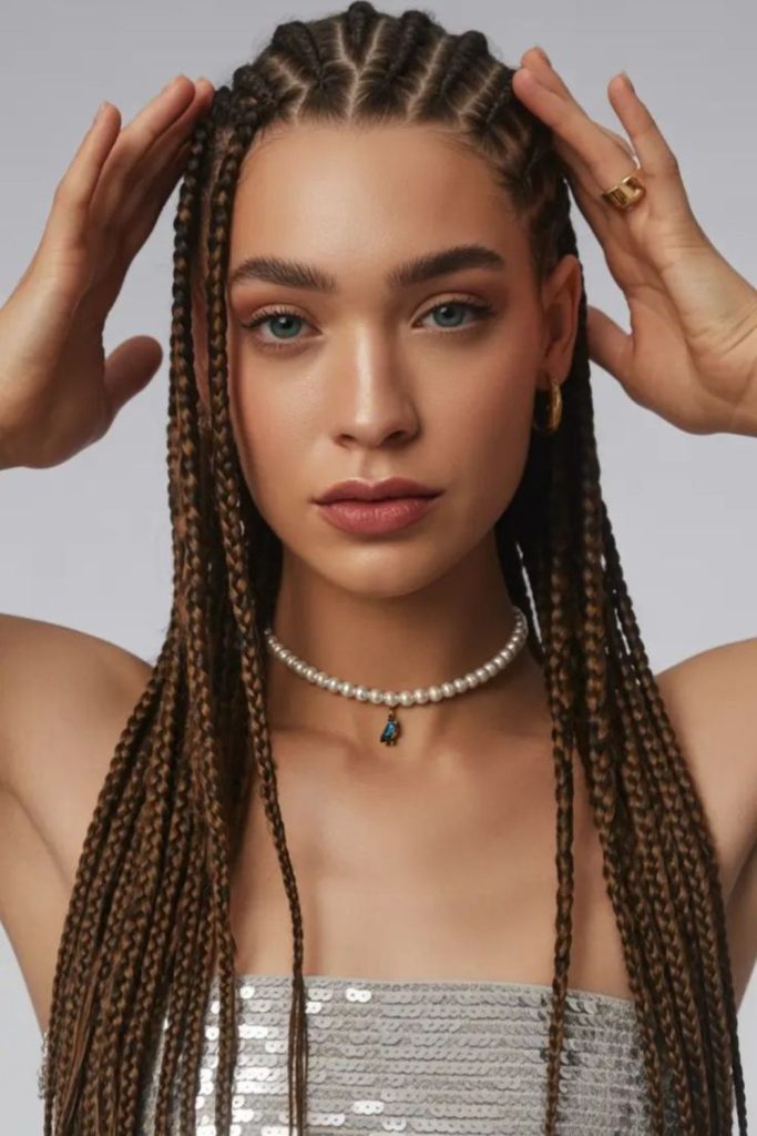 Sleek Fulani braids with ebony silk smooth finish