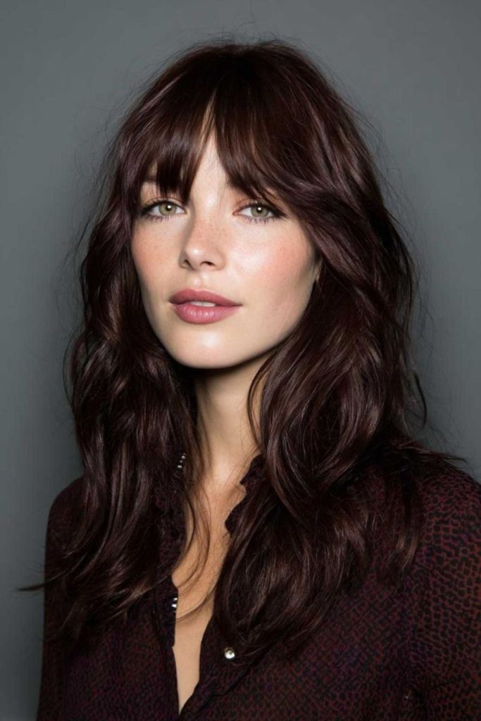 Ebony silk sleek layered fringe look