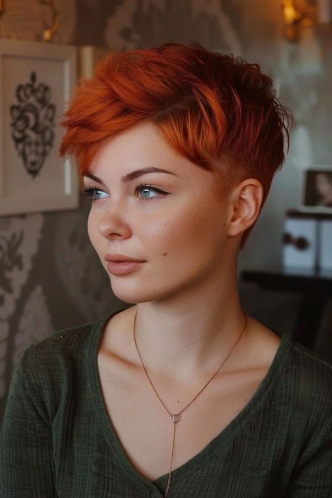 Choppy pixie hairstyle with edgy texture.