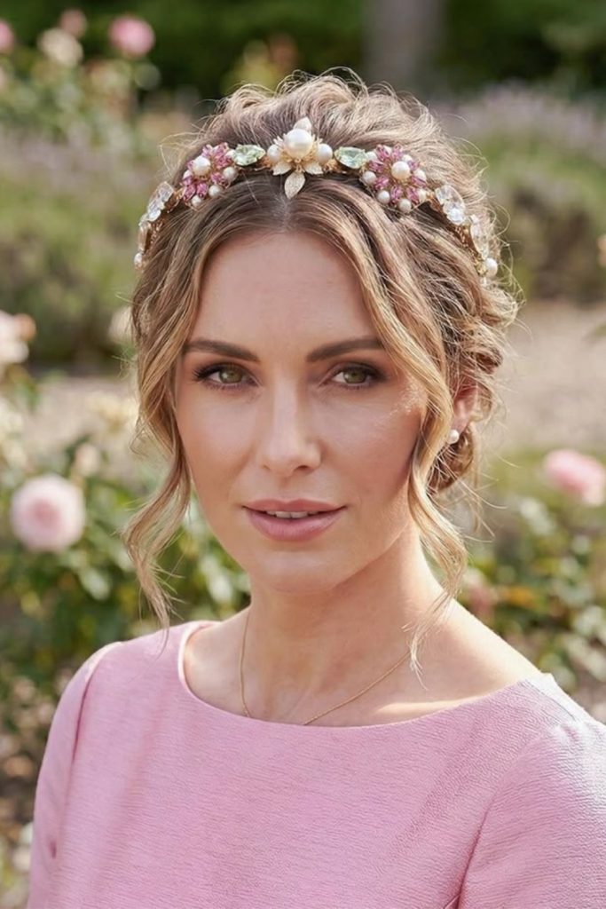 Floral halo headband with loose waves.