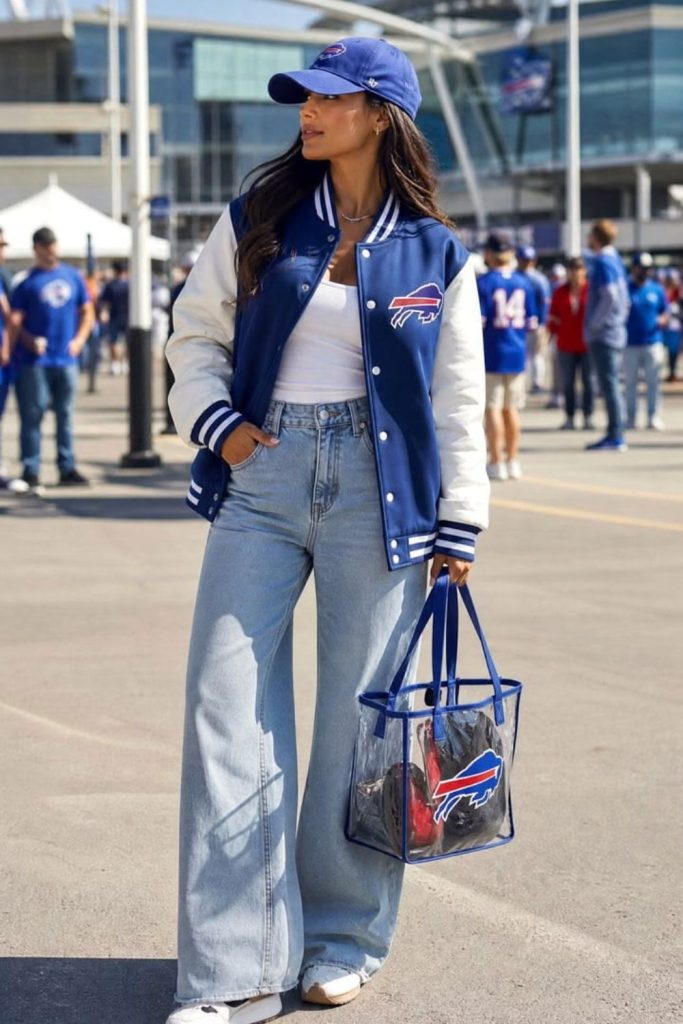 Football jersey blazer denim outfit