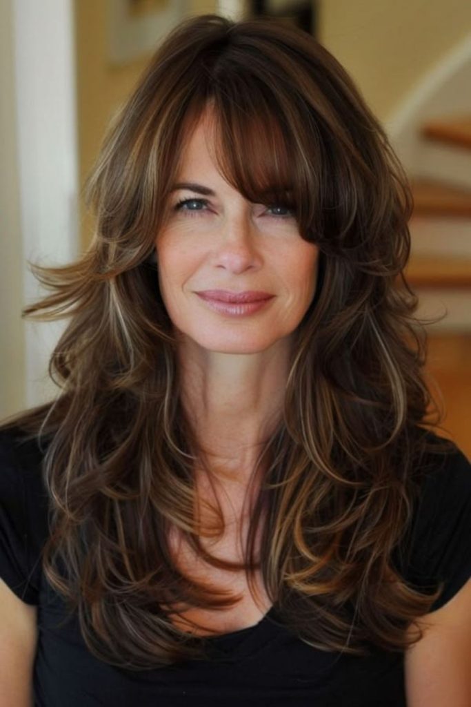 Espresso wavy layers soft framed bangs