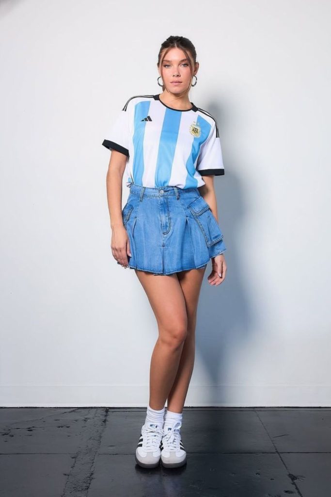 World Cup jersey denim skirt look