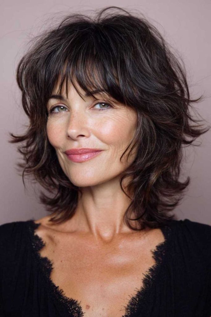 Feathered shag haircut with choppy layers.