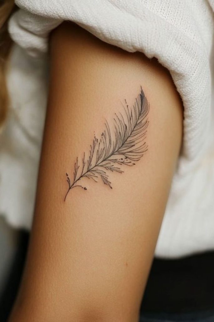 Minimal feather tattoo with fine lines.