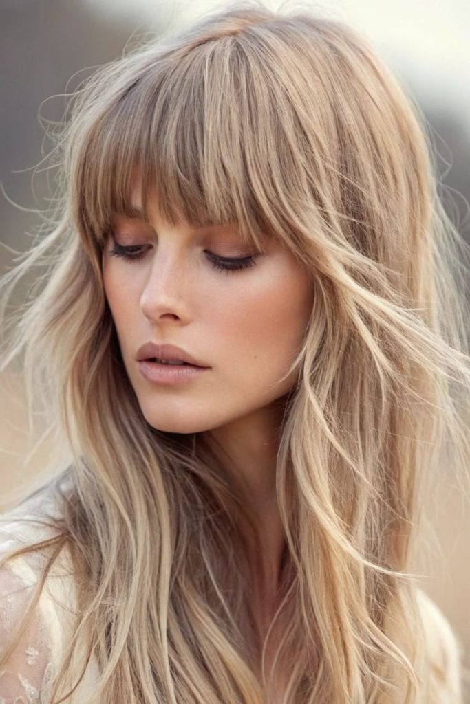 Feathered long layers with wispy bangs.