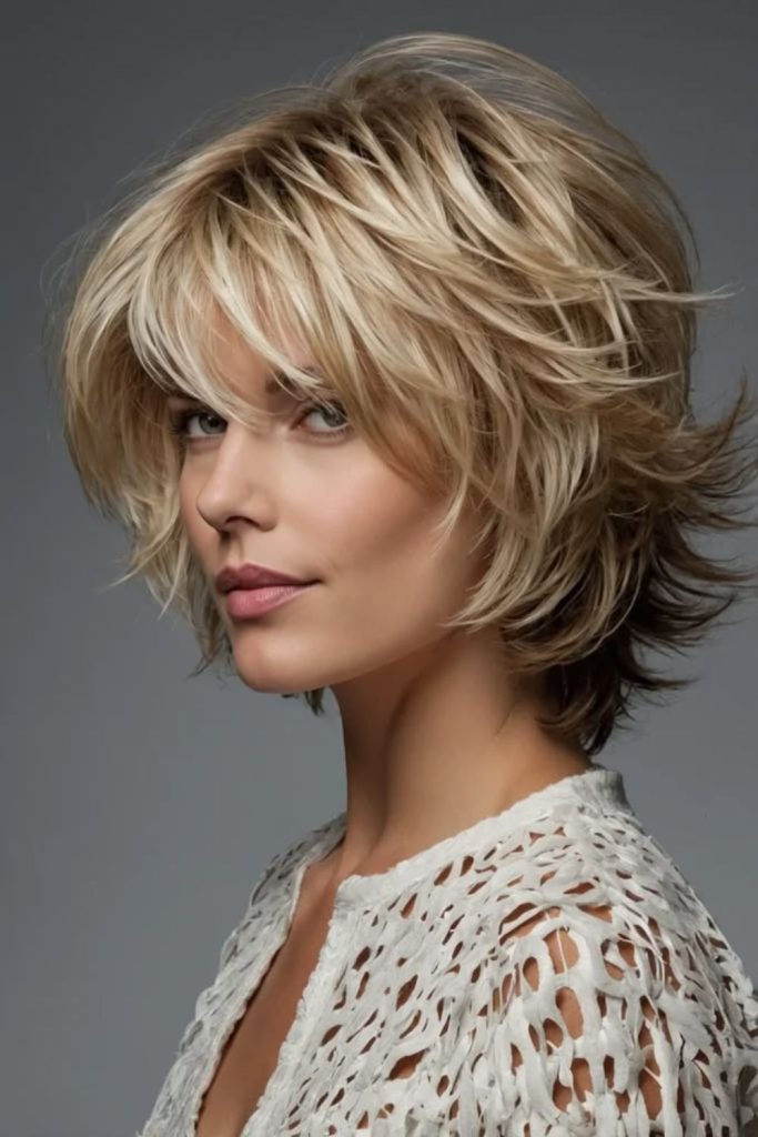 Feathered layered bob with airy volume.