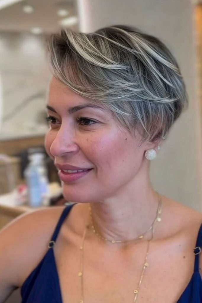 Feathered silver pixie lift airy volume style