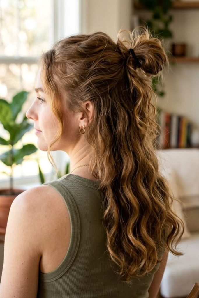 Half up bun camping hair look.
