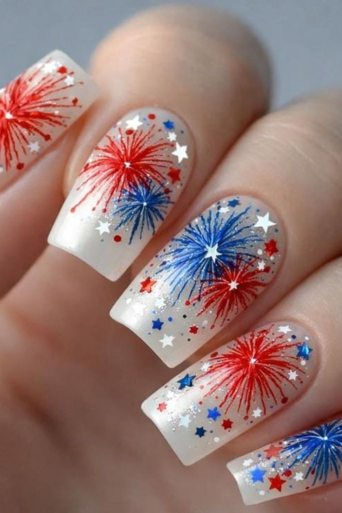 Crystal firework bloom patriotic nails.