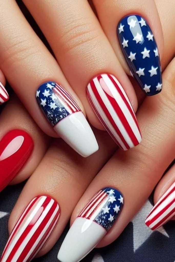 Abstract flag mosaic nail art.