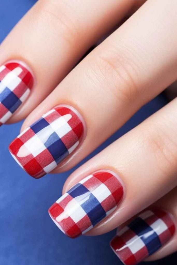 Freedom picnic plaid nail design.