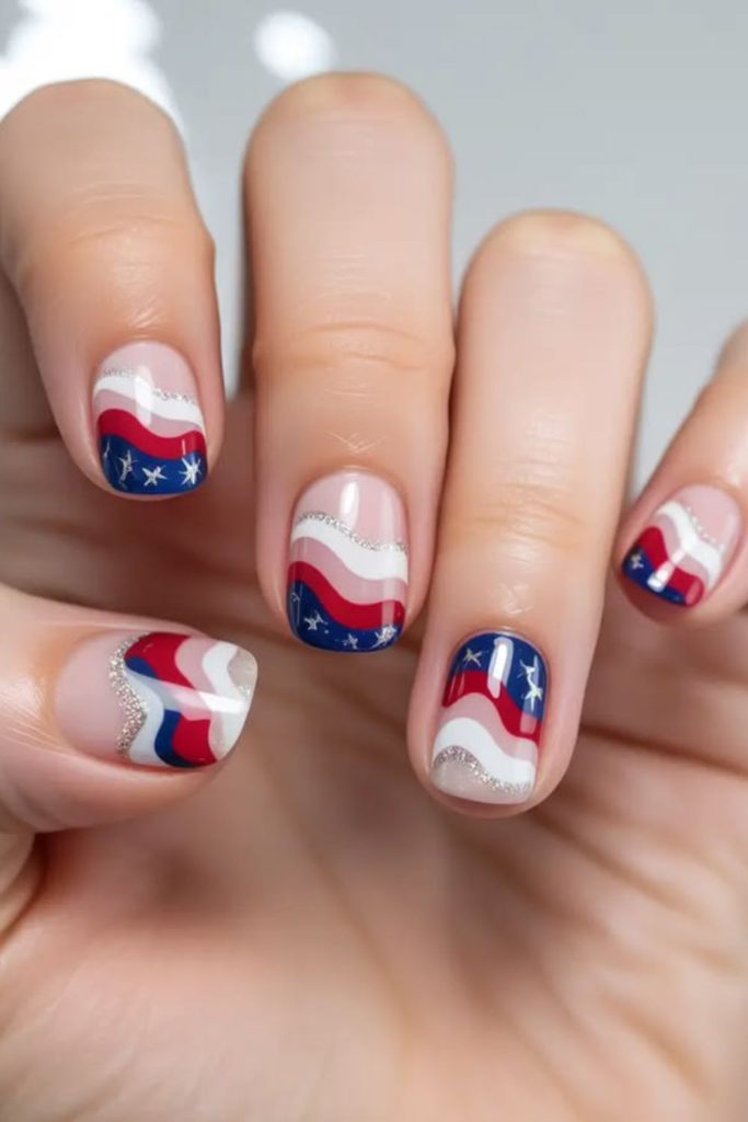 Freedom wave artistic patriotic nails.