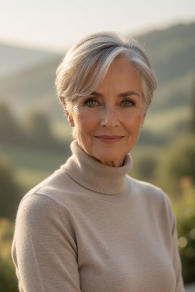 Side swept silver bob hairstyle.