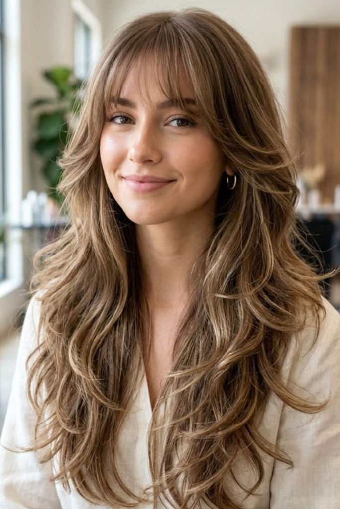 Garden bloom layers with feathered bangs.