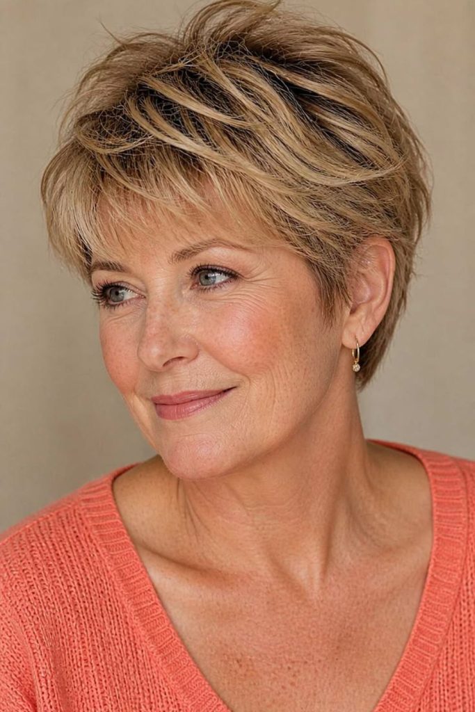 Feathered cut with soft texture.