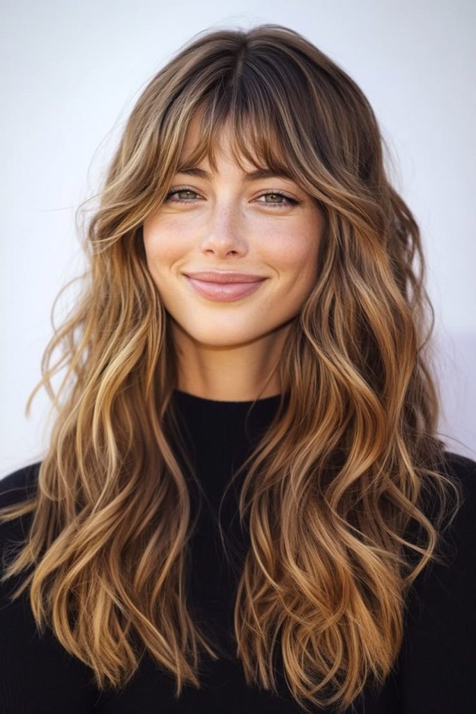 Golden blonde layers and wispy bangs.
