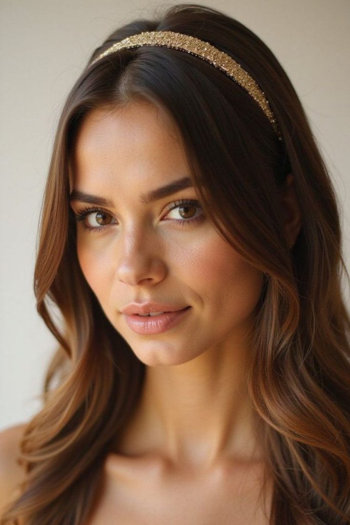 Metallic headband with sleek straight hair.