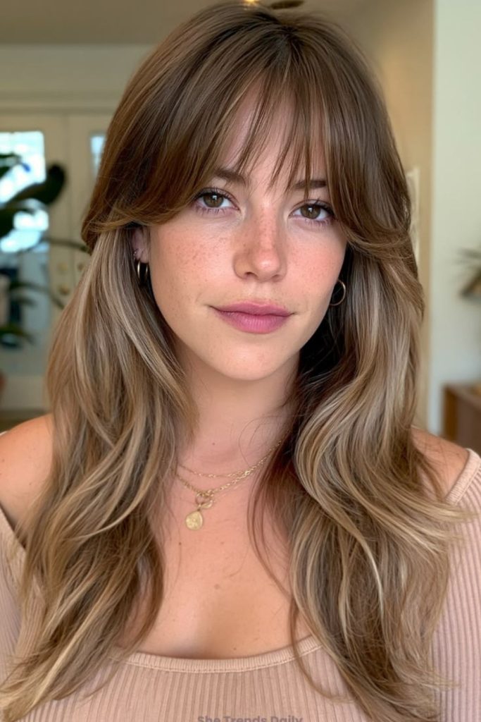 Golden silk curtain layered hairstyle look