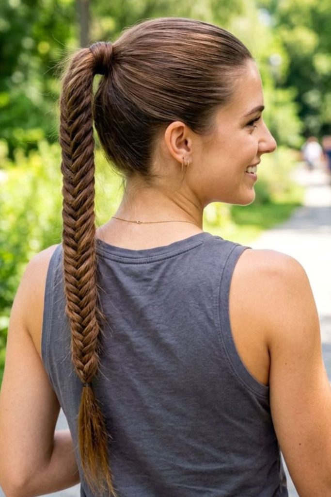 Fishtail ponytail with camp ready texture.