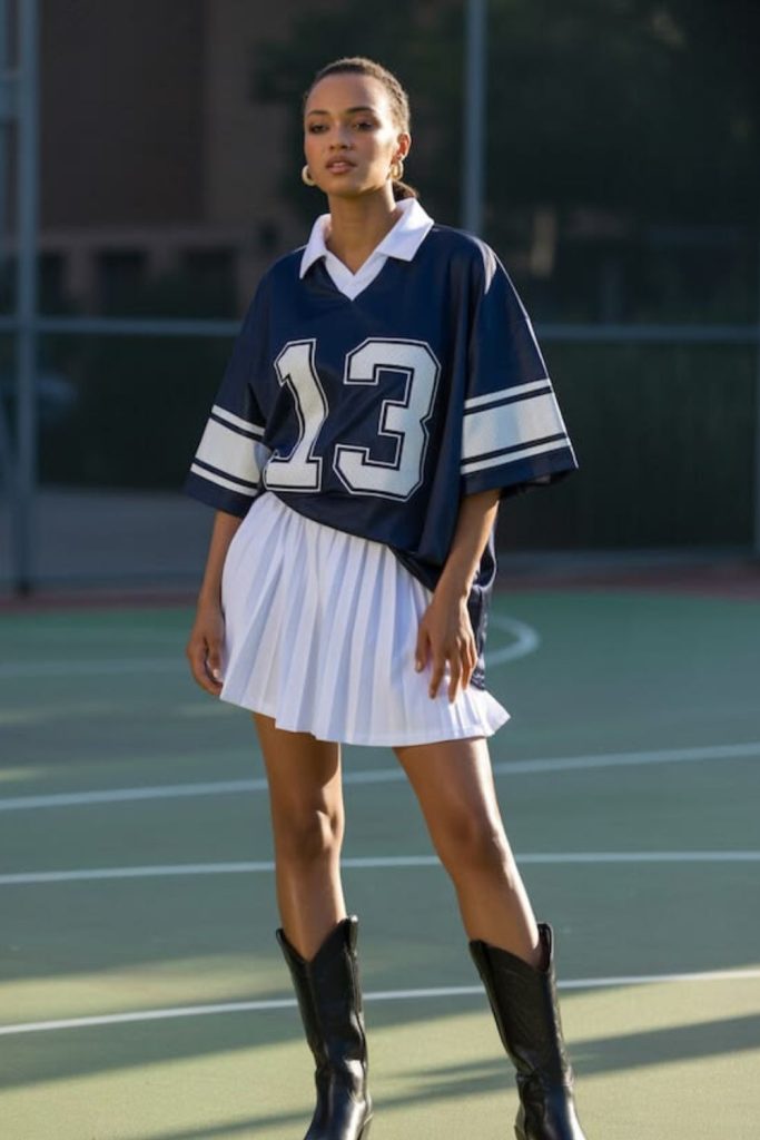 Cropped football jersey tennis skirt look