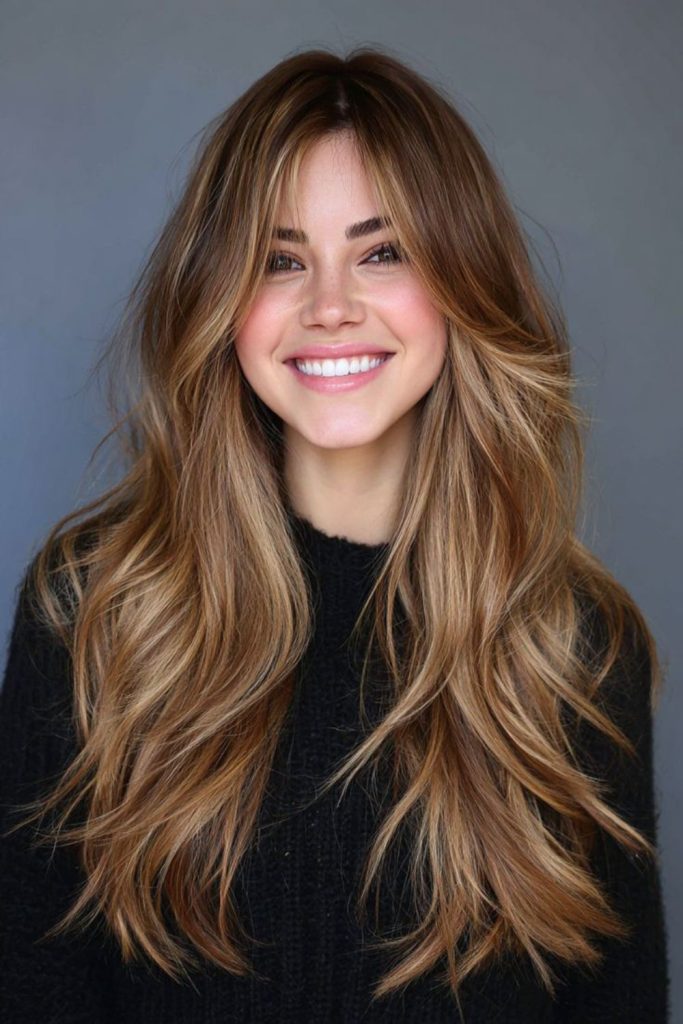 Honey blonde layers with soft bangs.