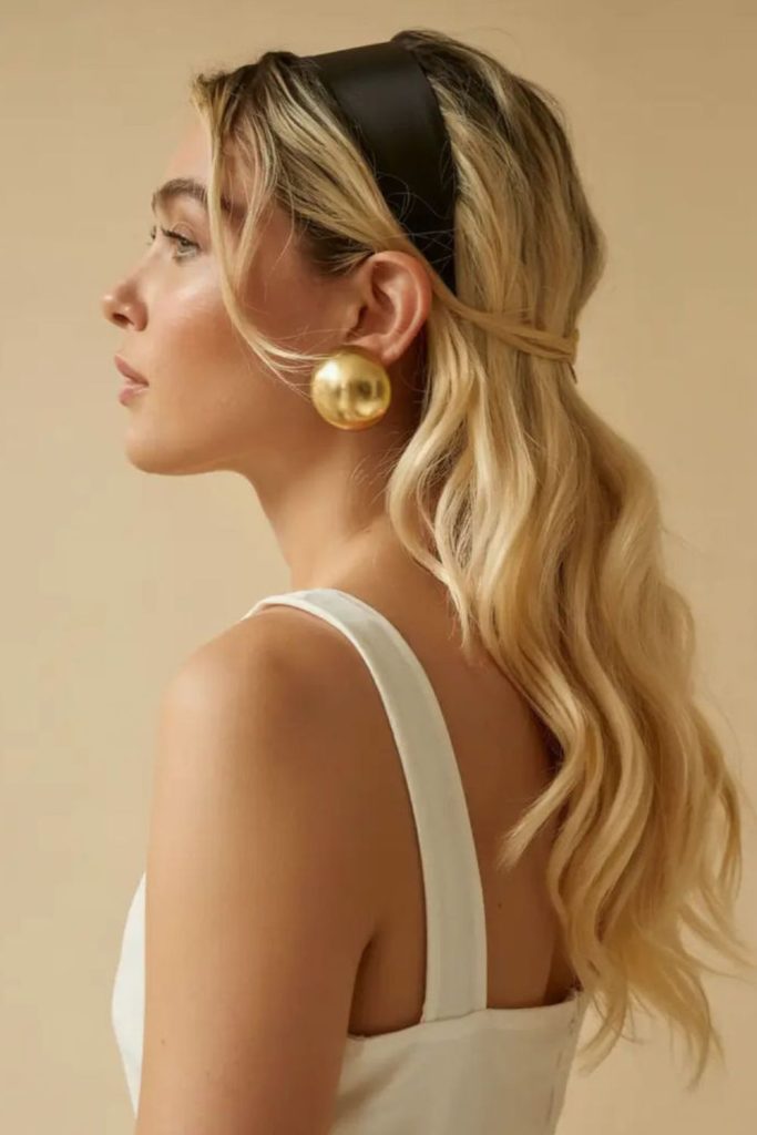 Glowing wavy hairstyle with headband.