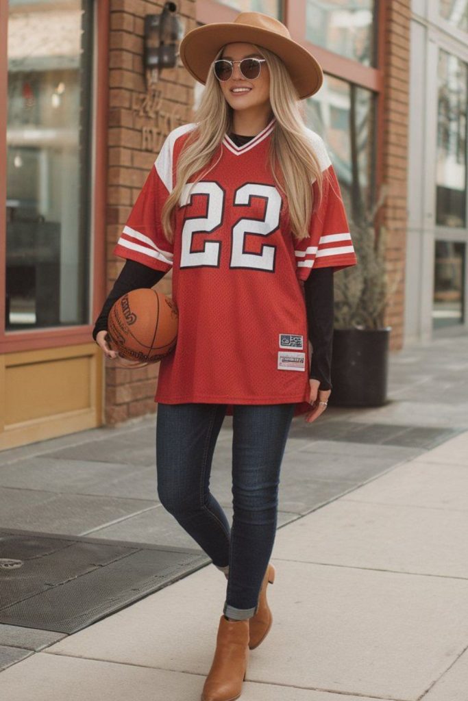 Football jersey layered leggings casual outfit