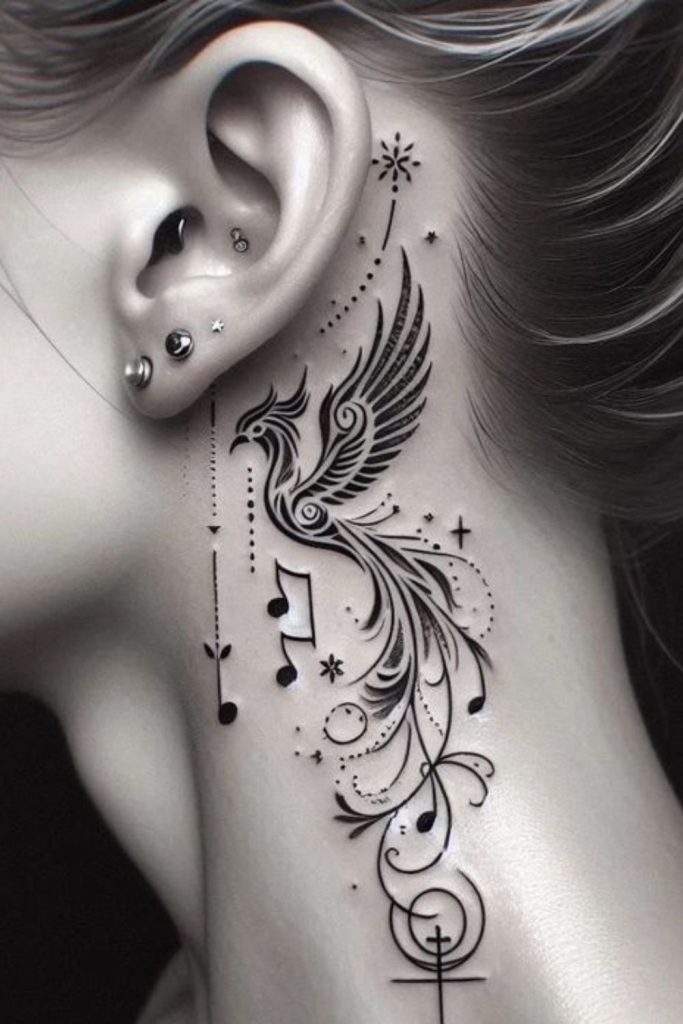 Hummingbird hairline tattoo light airy motion.