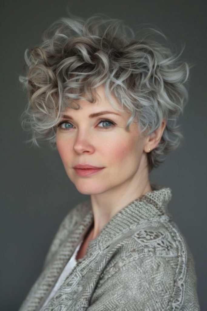 Icy halo short curly hairstyle.