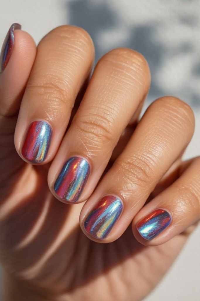 Patriotic chrome sparkle mirror nails.