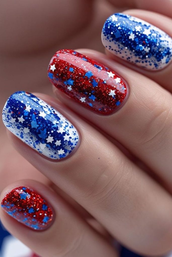 Jewel accented patriotic shine nails.