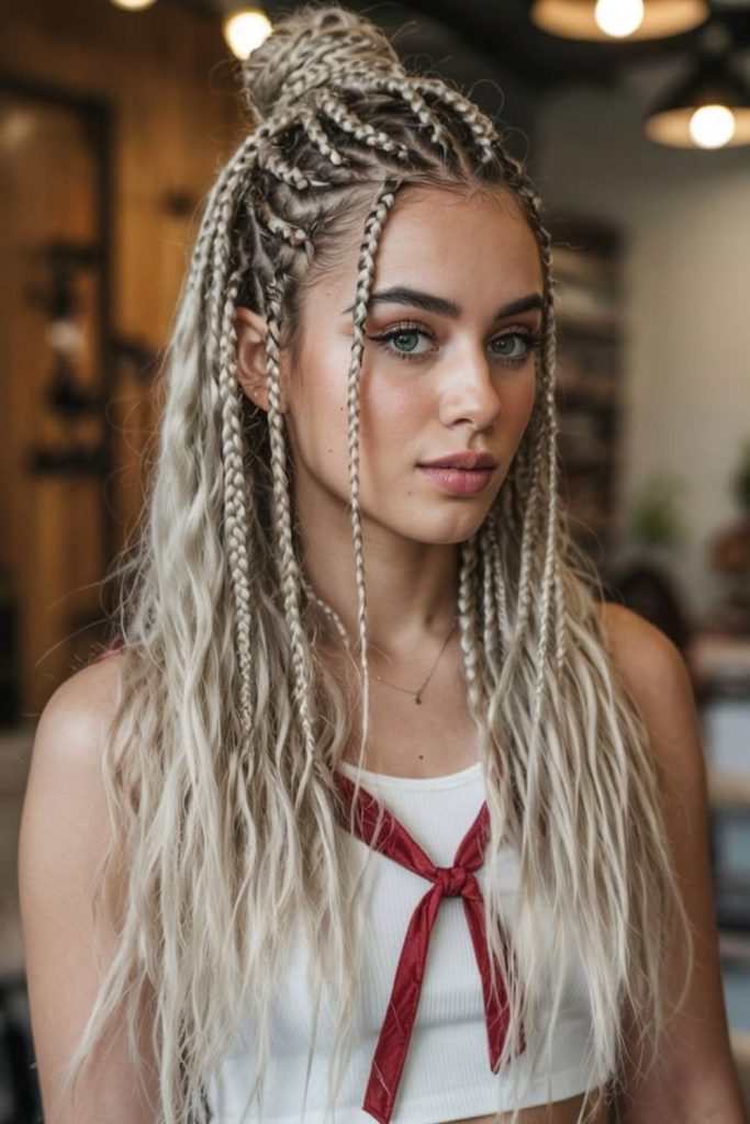 Ivory moonlit knotless braids with curls