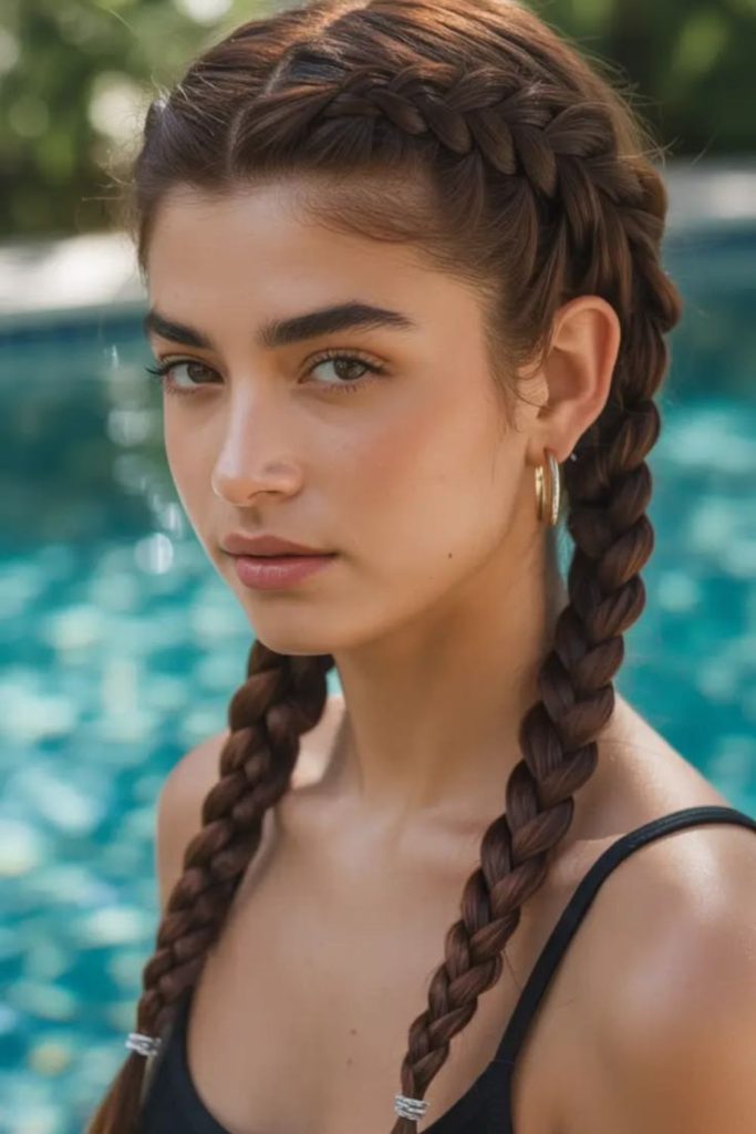 Twin Dutch braids for camp adventures.