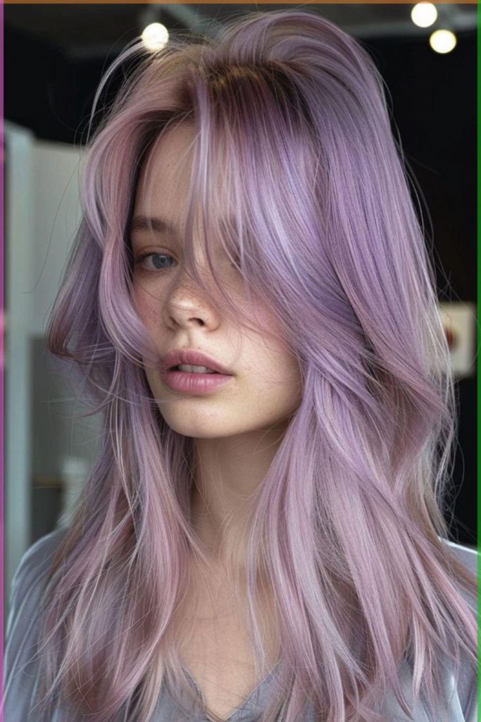Lavender layered hair with wispy bangs.