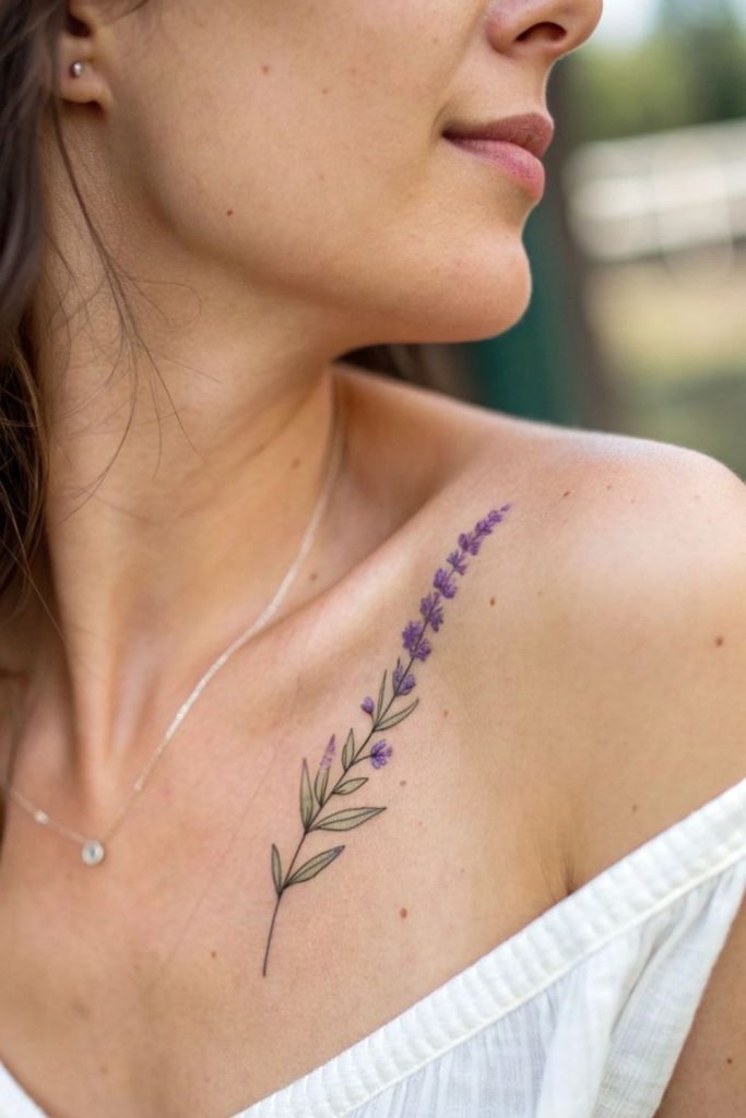 Delicate lavender sprig botanical tattoo design.