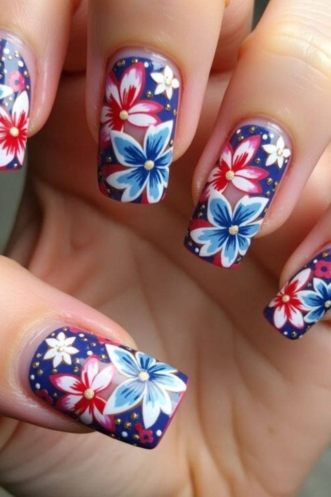 Patriotic floral blossom fusion nails.